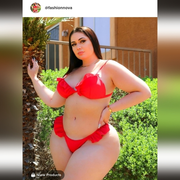 Red Ruffle Trim 2 Piece Bikini Set - Picture 4 of 6